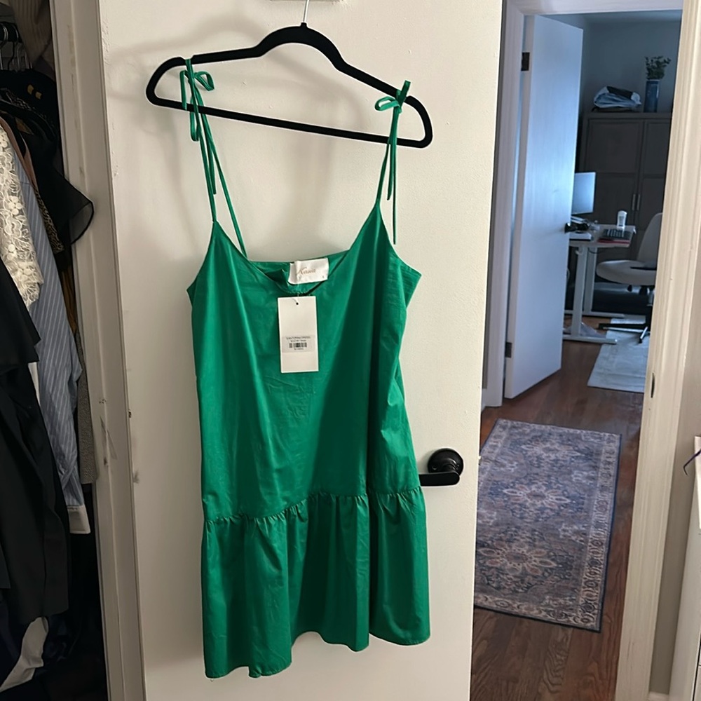 Green perfect transitional dress! Ruffle hem and adjustable straps. NWT